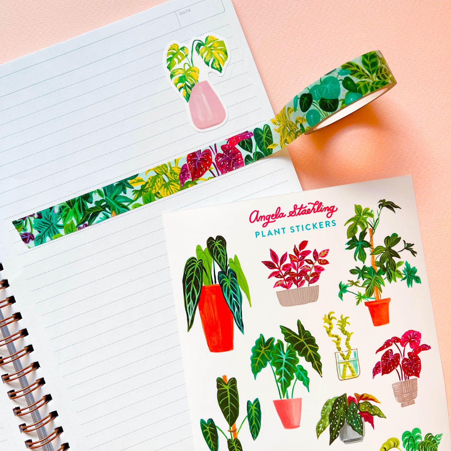 Monstera sticker with roll of plant washi tape and houseplant sticker sheet