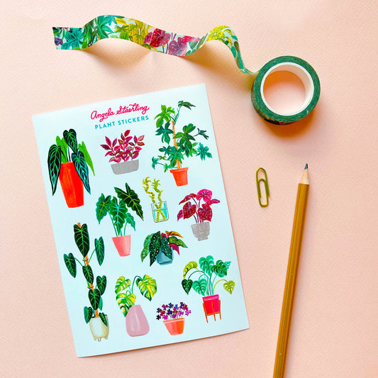 Houseplant sticker sheet with plant washi tape and pencil