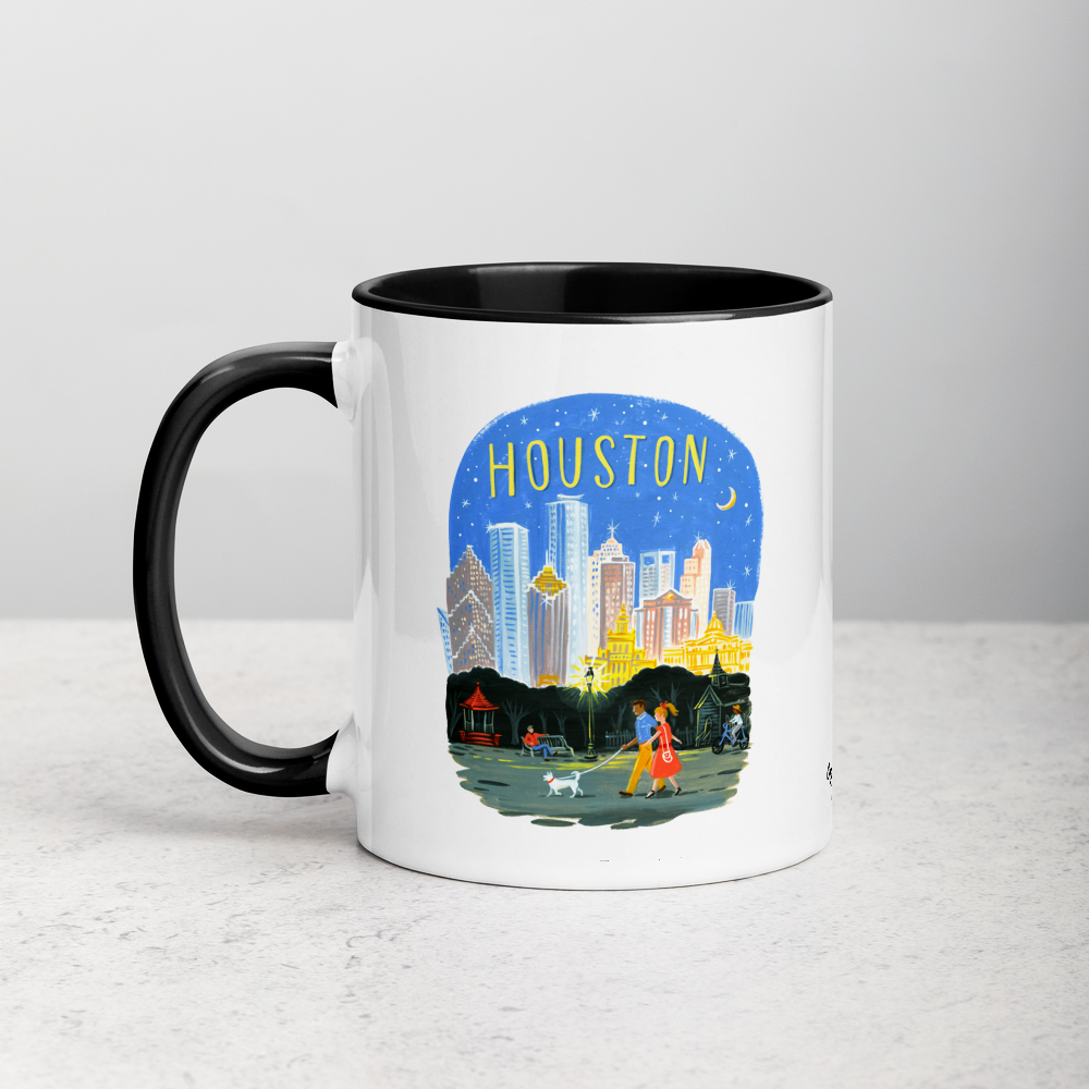 White ceramic coffee mug with black handle and inside; has Houston Texas illustration by Angela Staehling