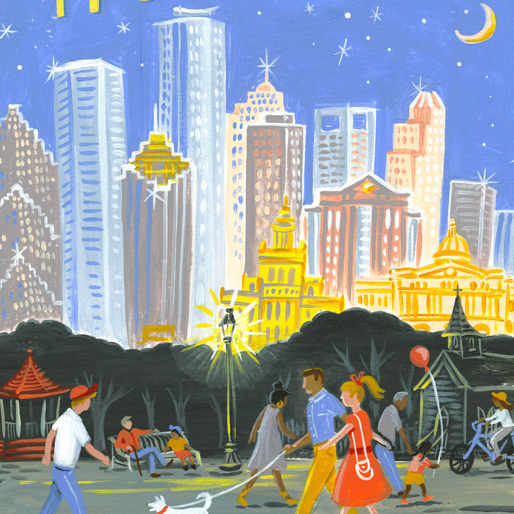 Trendy Downtown Houston Skyline illustration detail with modern colors and night sky; artwork by Angela Staehling