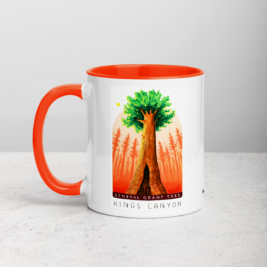White ceramic coffee mug with orange handle and inside; has Kings Canyon National Park illustration by Angela Staehling