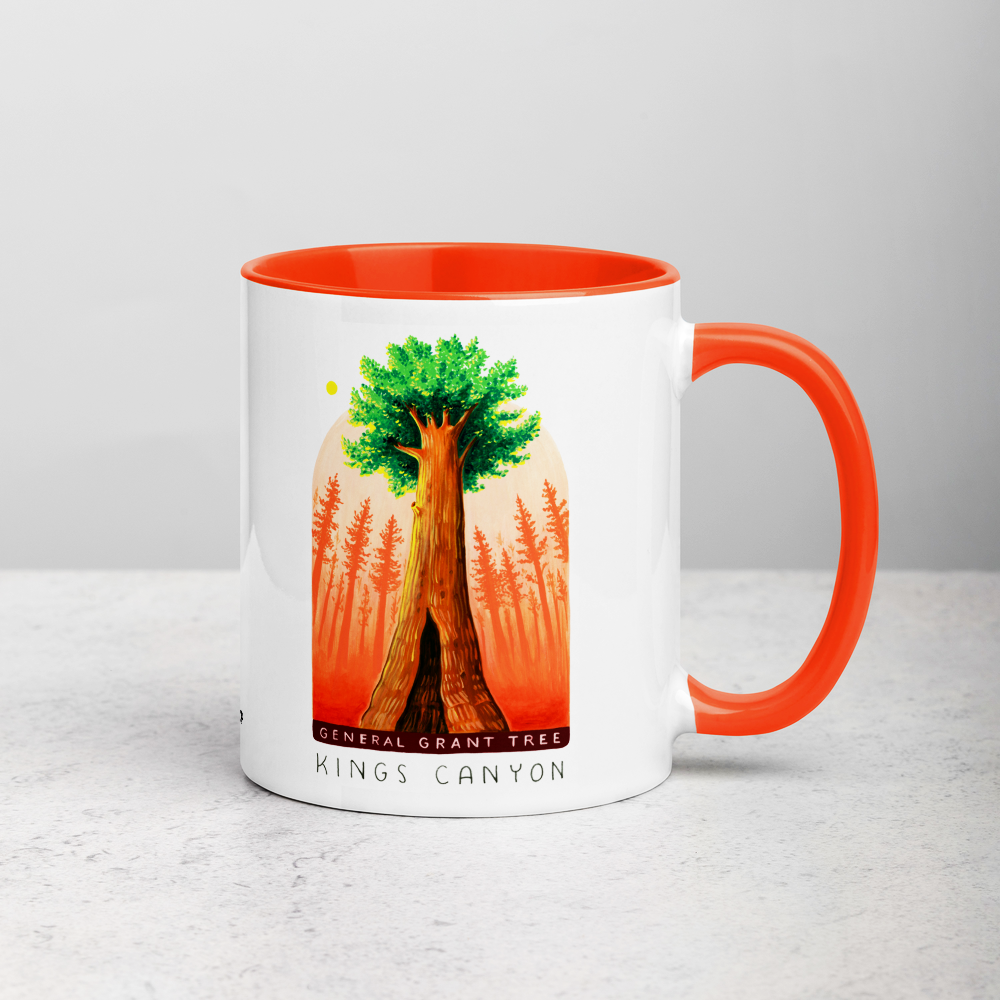 White ceramic coffee mug with orange handle and inside; has Kings Canyon National Park illustration by Angela Staehling