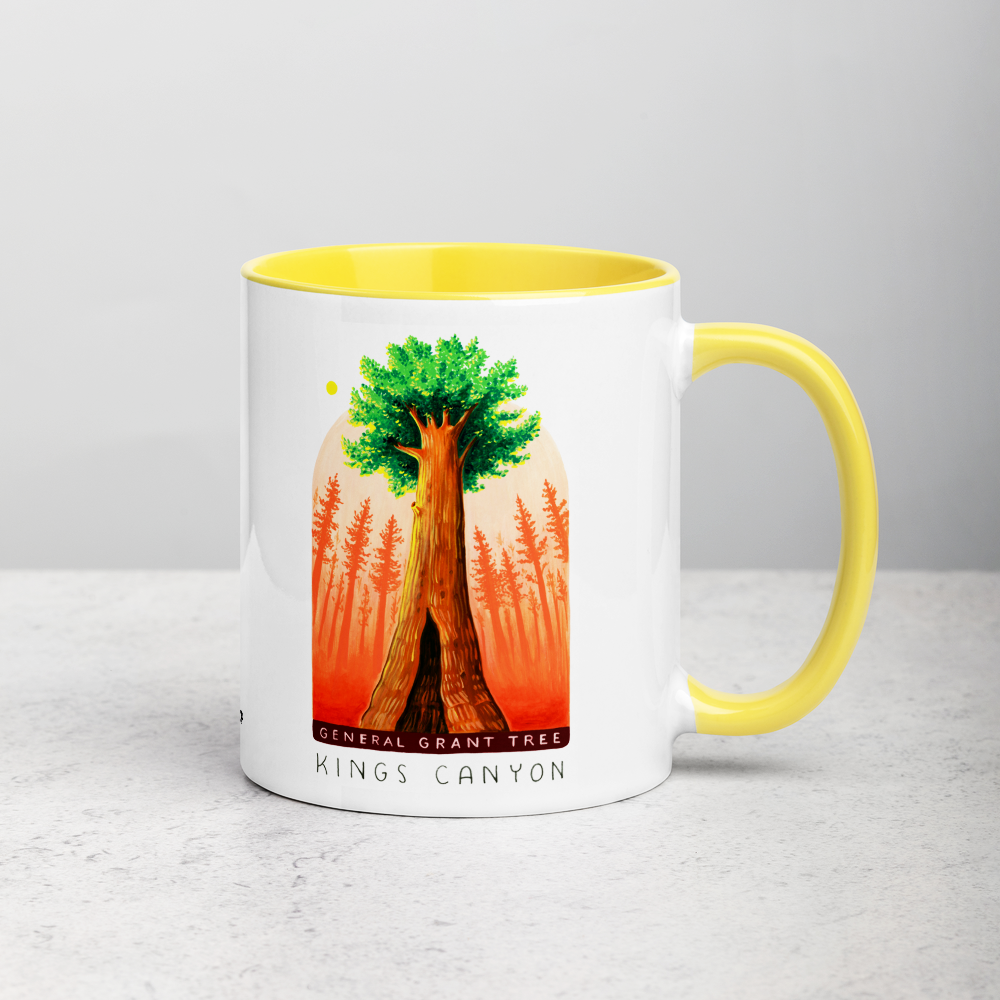 White ceramic coffee mug with yellow handle and inside; has Kings Canyon National Park illustration by Angela Staehling