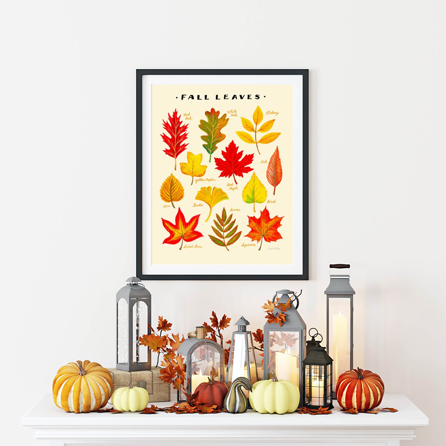 Colorful fall leaves illustration in a black frame with fall decor