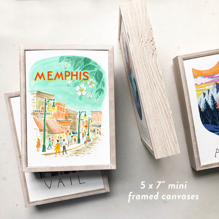 Downtown Memphis canvas with Beale Street in modern pastel colors; illustration by Angela Staehling