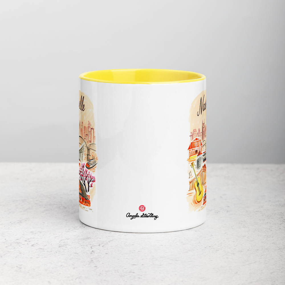 White ceramic coffee mug with yellow handle and inside; has Nashville Tennessee illustration by Angela Staehling