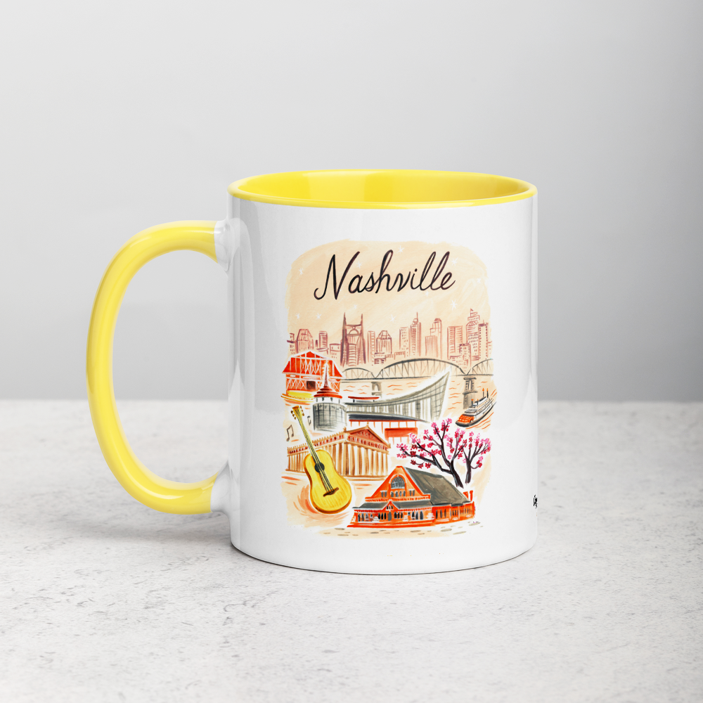 White ceramic coffee mug with yellow handle and inside; has Nashville Tennessee illustration by Angela Staehling