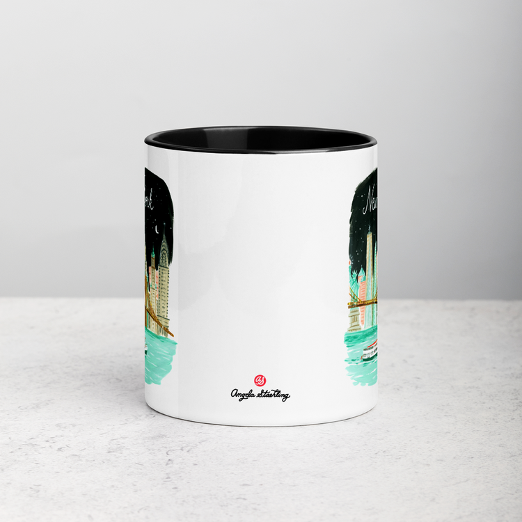 White ceramic coffee mug with black handle and inside; has New York City Skyline illustration by Angela Staehling