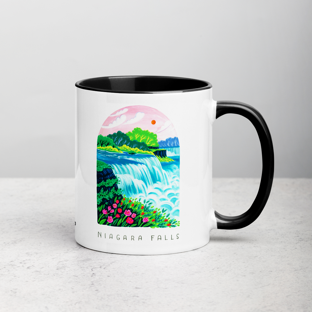 White ceramic coffee mug with black handle and inside; has Niagara Falls National Park illustration by Angela Staehling