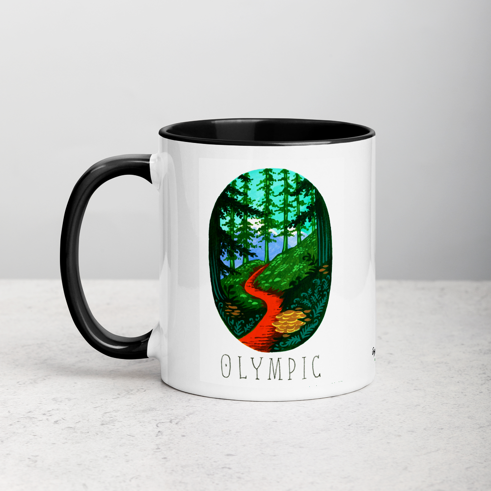 White ceramic coffee mug with black handle and inside; has Olympic National Park illustration by Angela Staehling