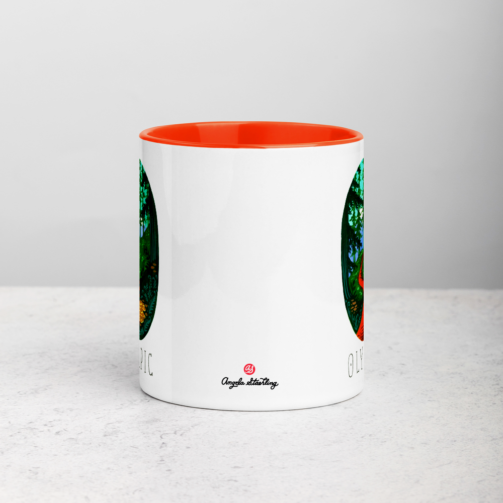 White ceramic coffee mug with orange handle and inside; has Olympic National Park illustration by Angela Staehling