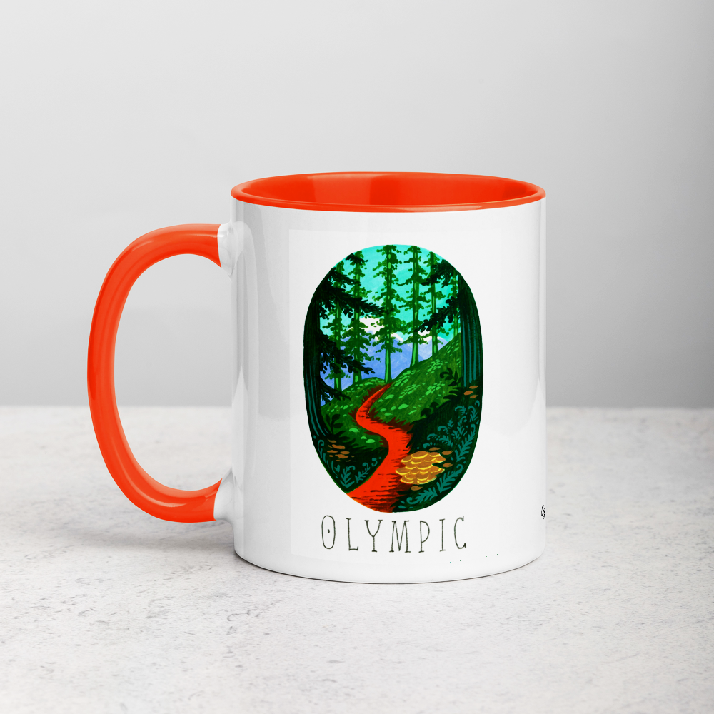 White ceramic coffee mug with orange handle and inside; has Olympic National Park illustration by Angela Staehling