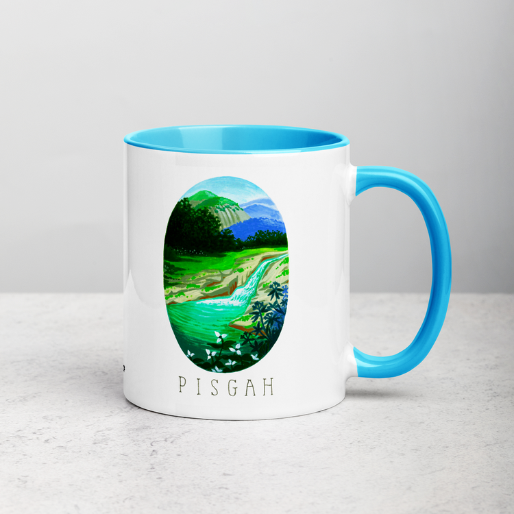 White ceramic coffee mug with blue handle and inside; has Pisgah National Park illustration by Angela Staehling