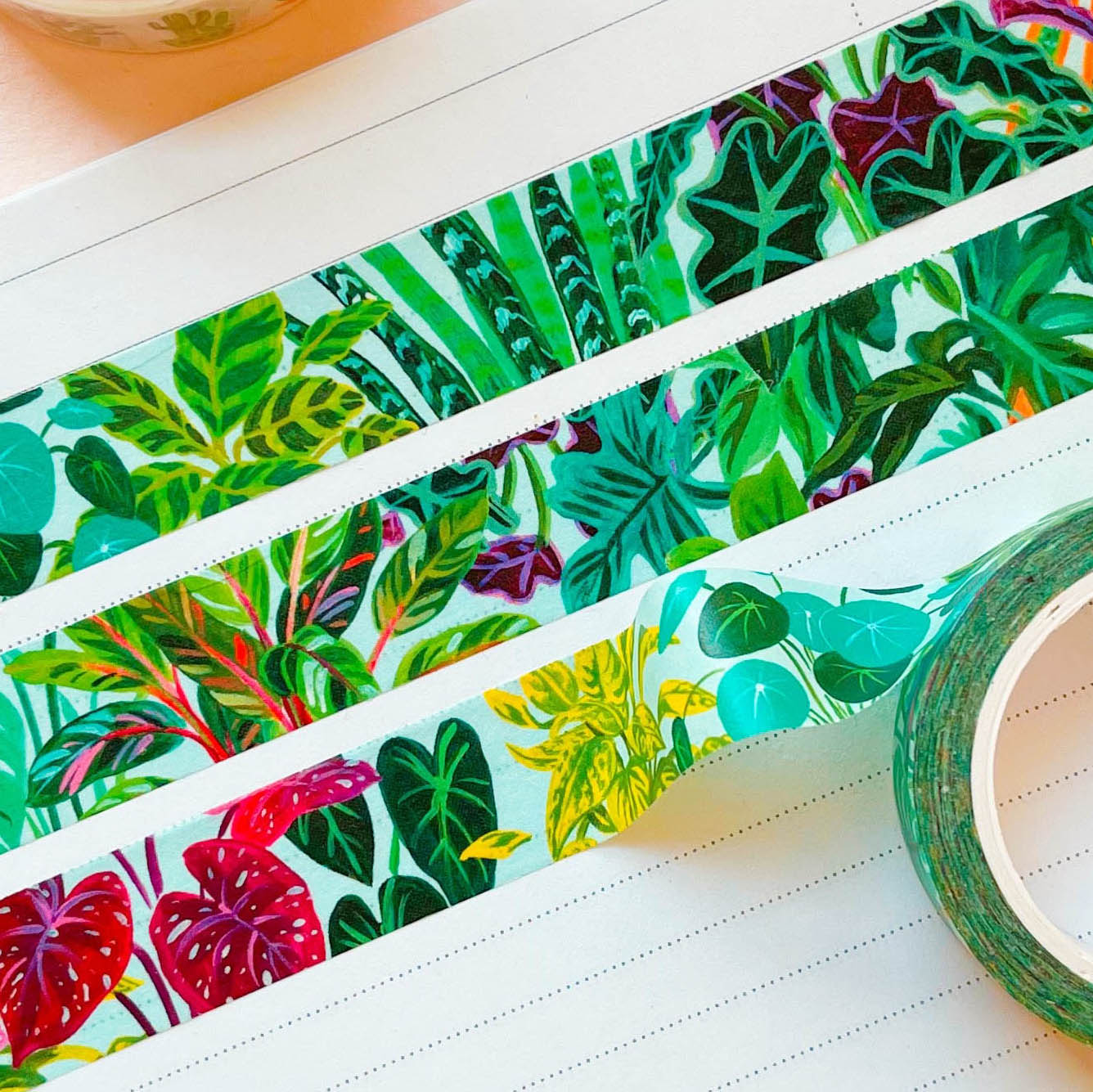 Plant Washi Tape pattern detail shot. Colorful plant pattern showing many plant varieties.