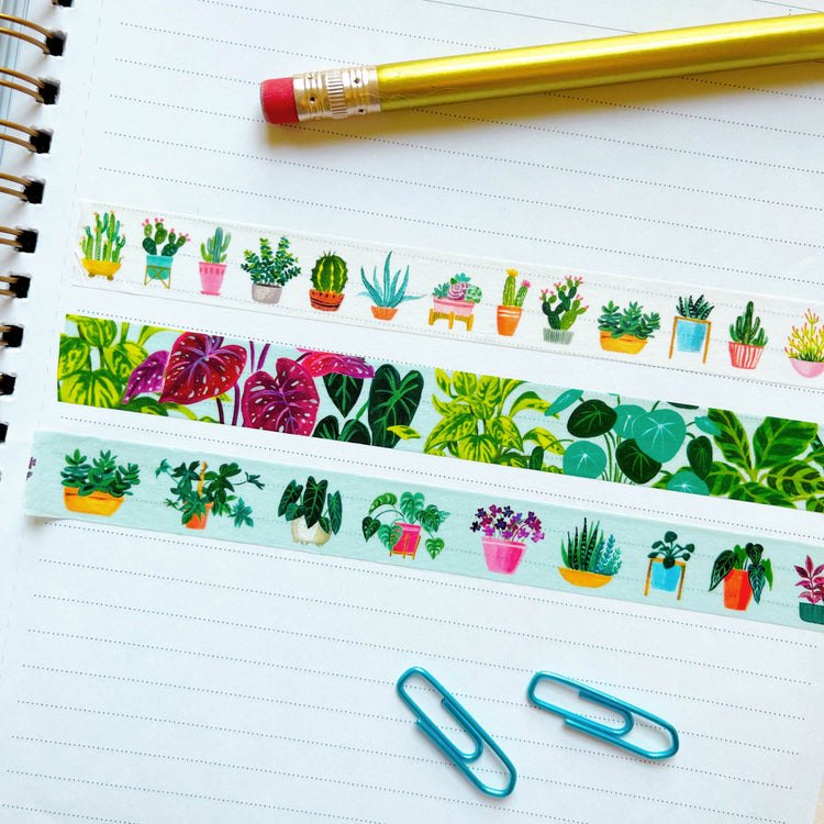 Three rows of different plant washi tape. One is Cactus Washi, one is Plant  Pattern Washi, one is Houseplant Washi