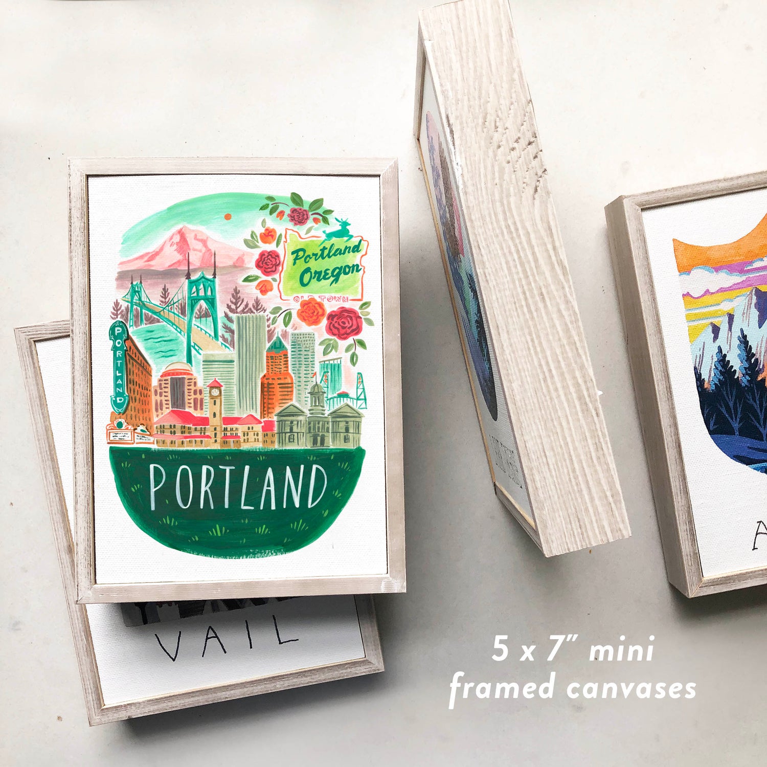 Portland skyline framed art with St. John's Bridge, downtown, and famous Portland signs; trendy illustration by Angela Staehling