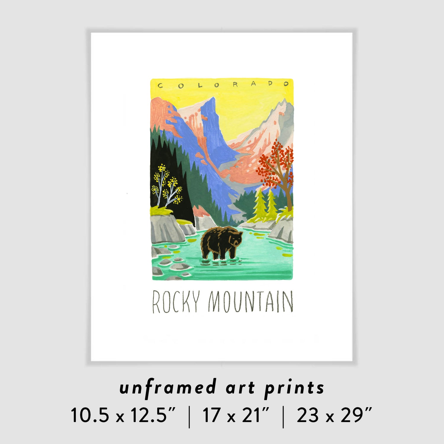 Rocky Mountain National Park art print with black bear, mountains, and stream; trendy illustration by Angela Staehling