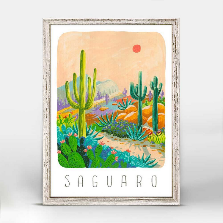 Saguaro National Park art  with cactus at sunset. Illustration by Angela Staehling