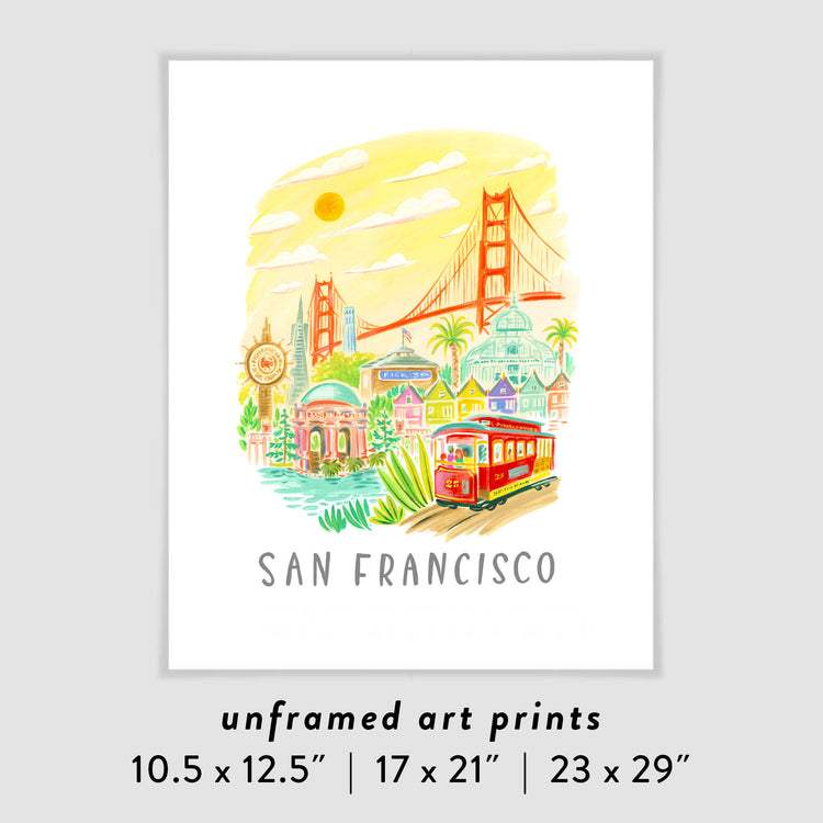 San Francisco Skyline art print with Golden Gate Bridge, trolley car, and Fisherman's Wharf; trendy illustration by Angela Staehling