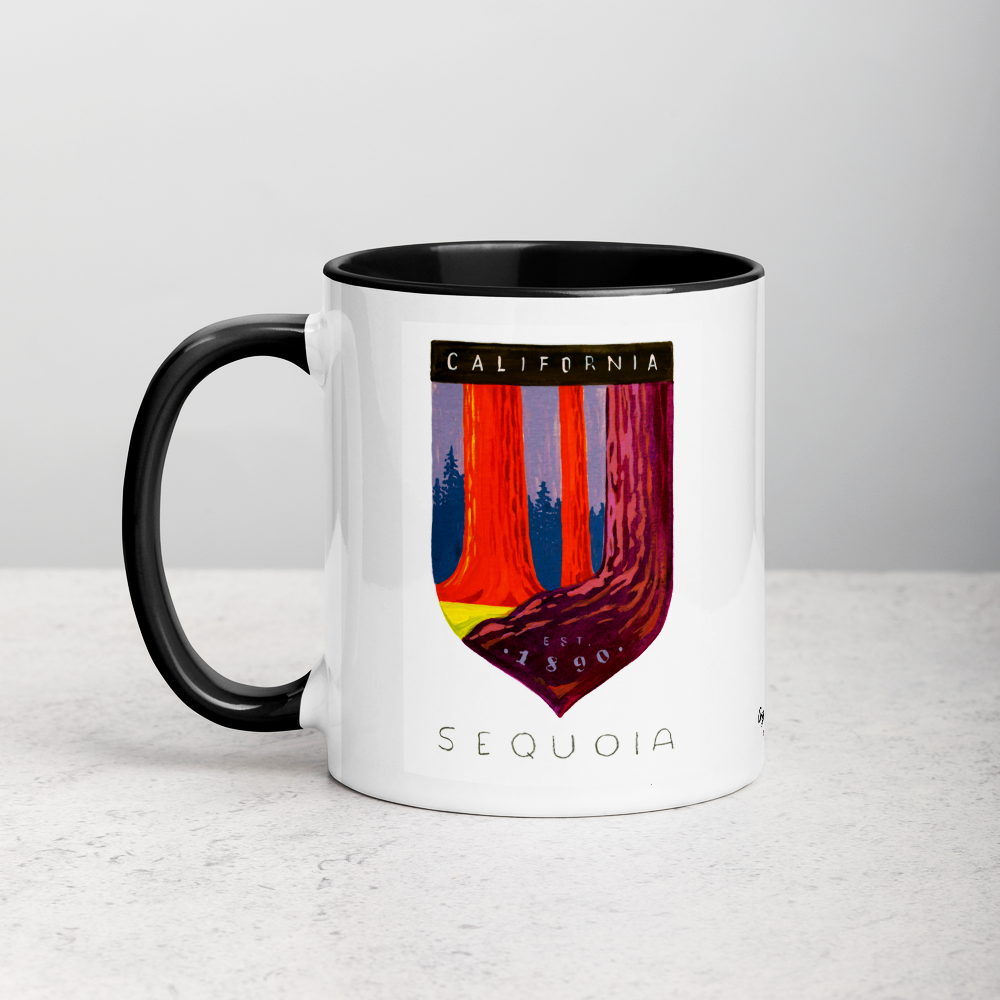 White ceramic coffee mug with black handle and inside; has Sequoia National Park illustration by Angela Staehling