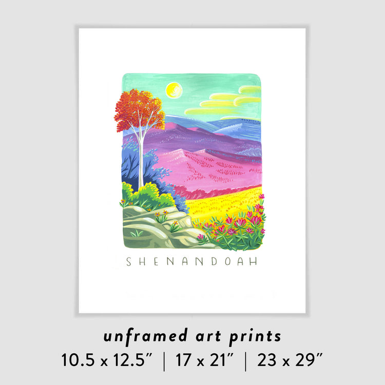 Shenandoah National Park art print with flowers, forests, and Blue Ridge mountains; trendy illustration by Angela Staehling