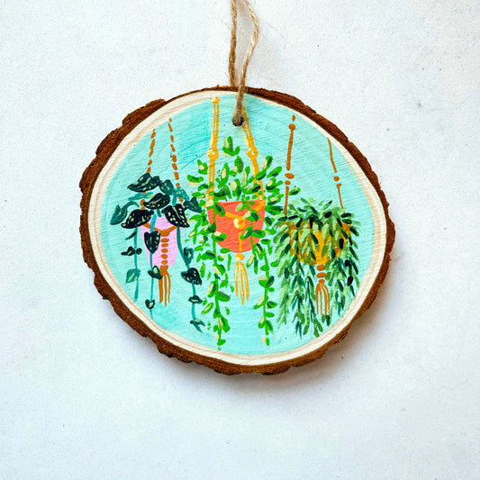 Three Hanging Plants on Aqua | Original Painted Ornament