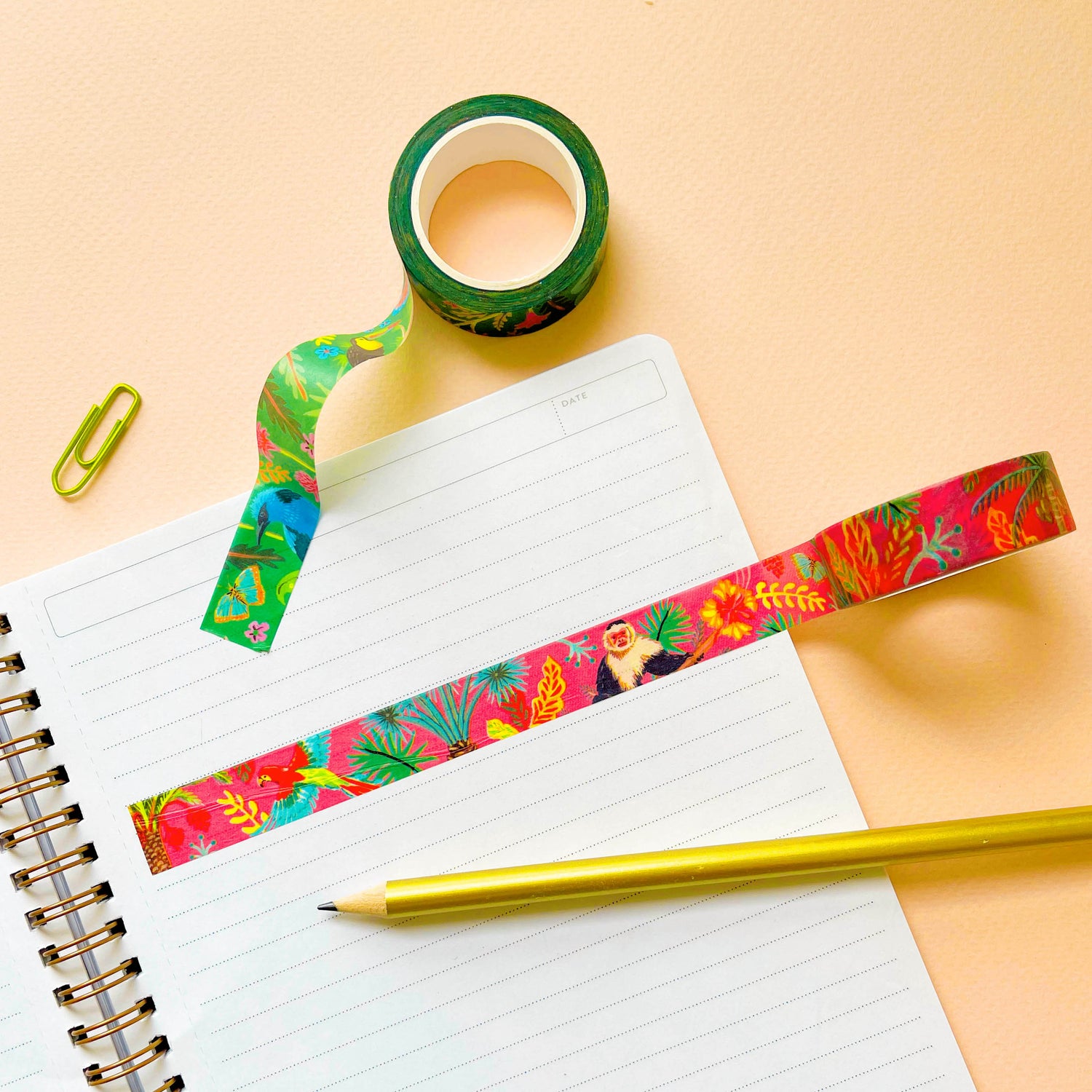 Tropical hibiscus washi tape with roll of green jungle washi tape