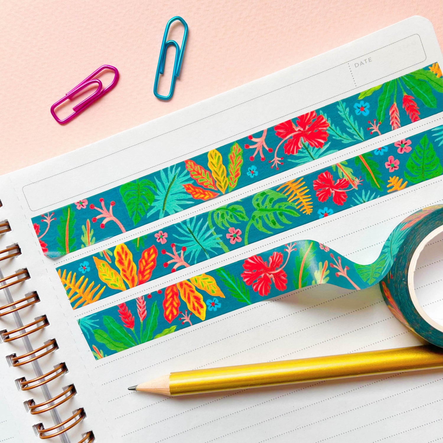 Tropical blue washi tape with flower and leaf pattern