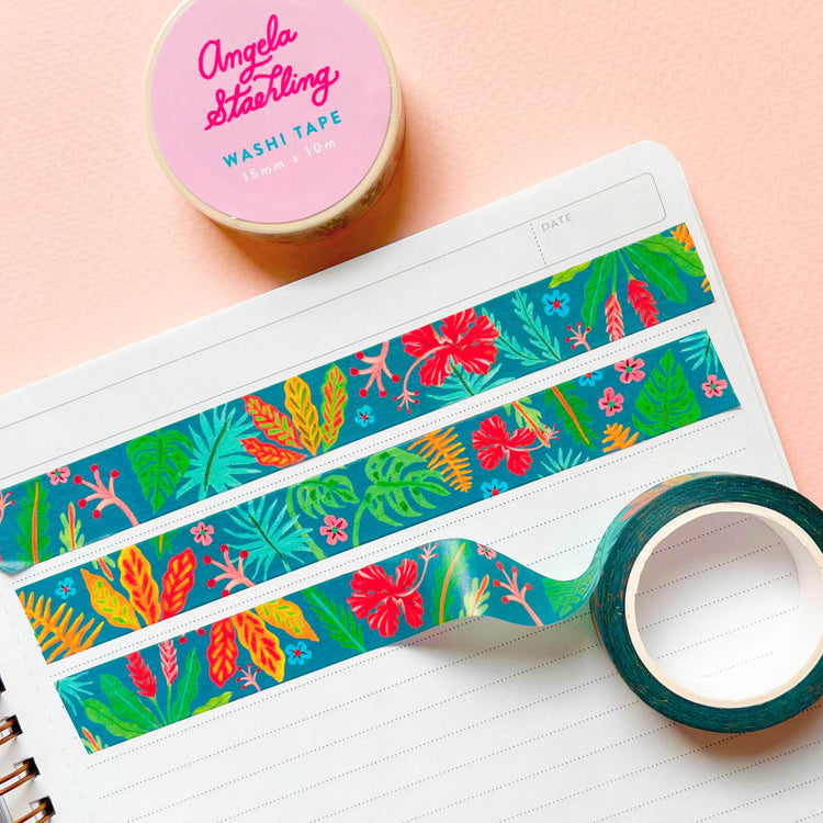 Tropical indigo washi tape with hibiscus flowers