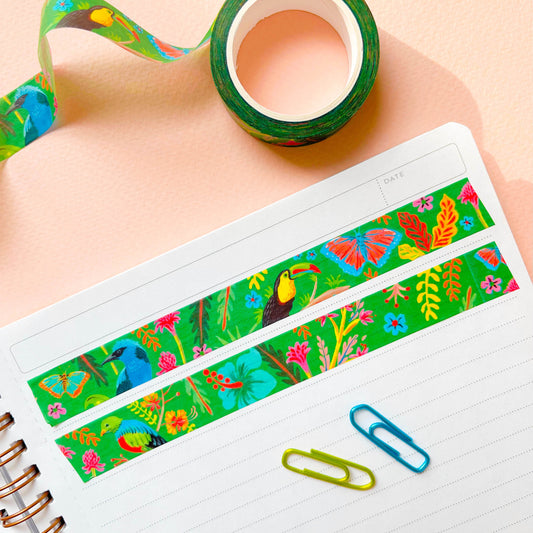 Tropical green washi tape with parrots, flowers, and tropical plants