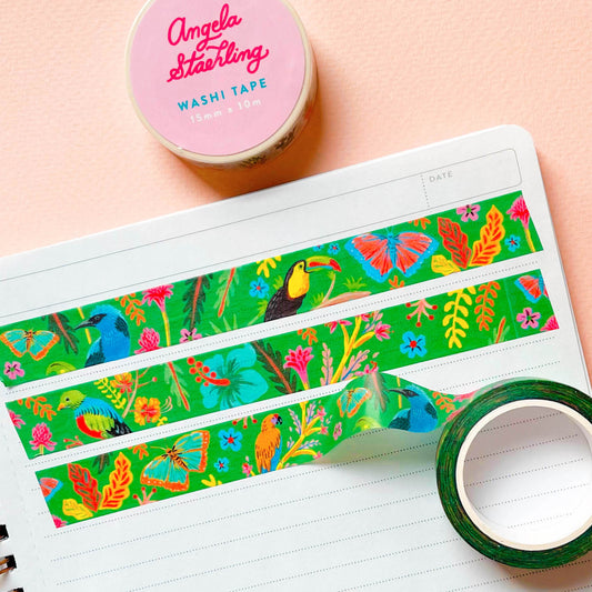 Tropical Jade washi tape with flowers, birds, and butterflies