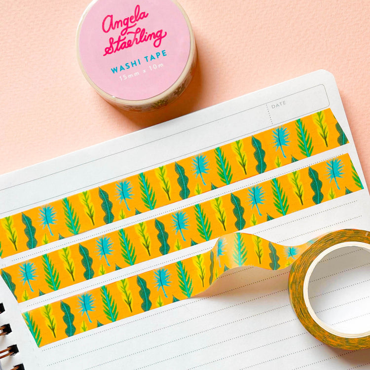 Golden yellow washi tape with plant leaf pattern