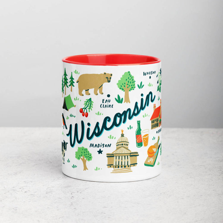White ceramic coffee mug with red handle and inside; has Wisconsin illustration by Angela Staehling