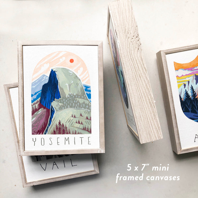 Yosemite National Park framed art with Half Dome and sunset; trendy illustration by Angela Staehling