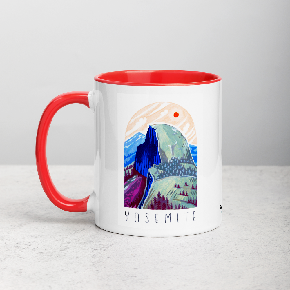 White ceramic coffee mug with red handle and inside; has Yosemite National Park illustration by Angela Staehling