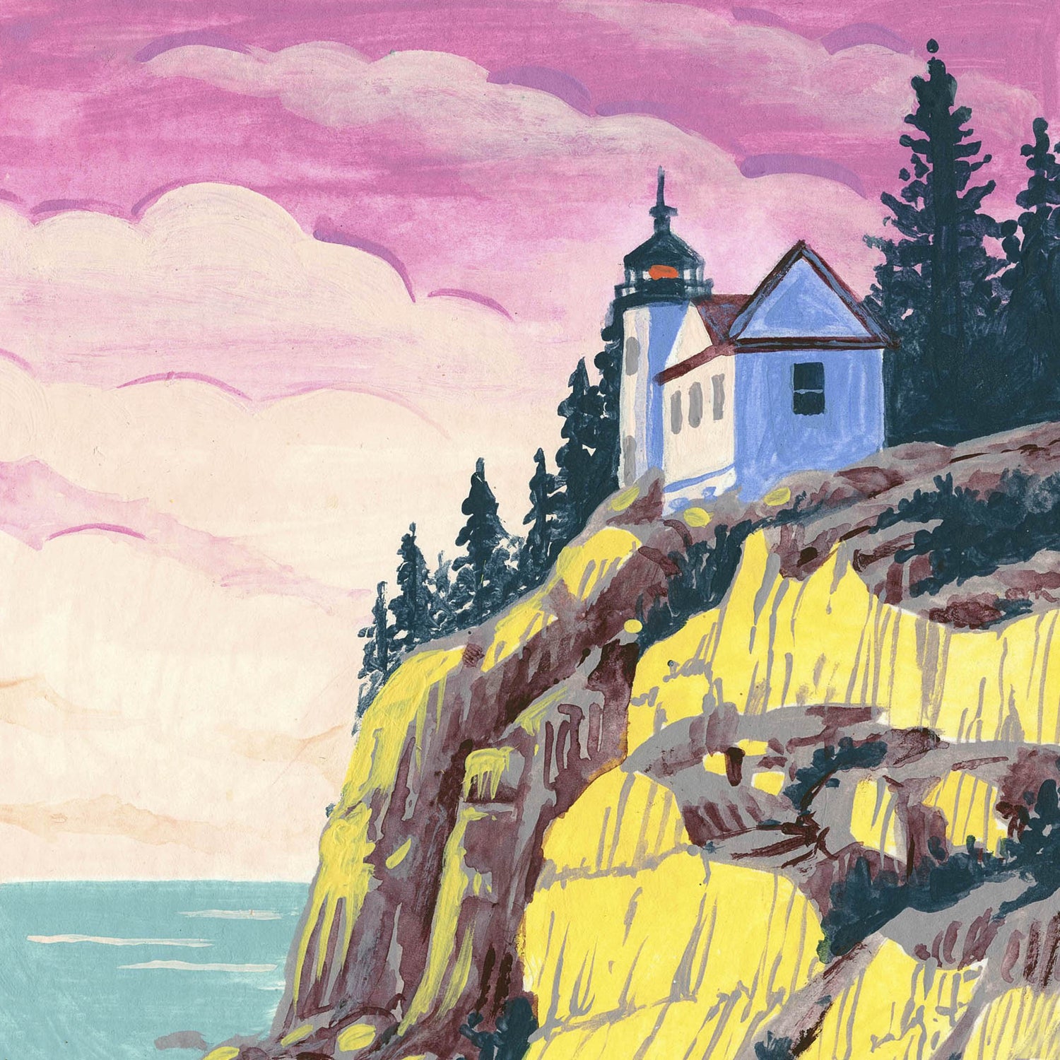 Acadia National Park art detail located on Mount Desert Island in Maine; Bass Harbor Head lighthouse at sunset illustration by Angela Staehling