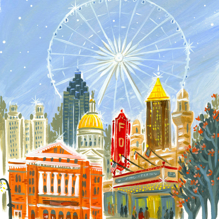 Downtown Atlanta skyline art detail with Fox Theater and ferris wheel; illustration by Angela Staehling
