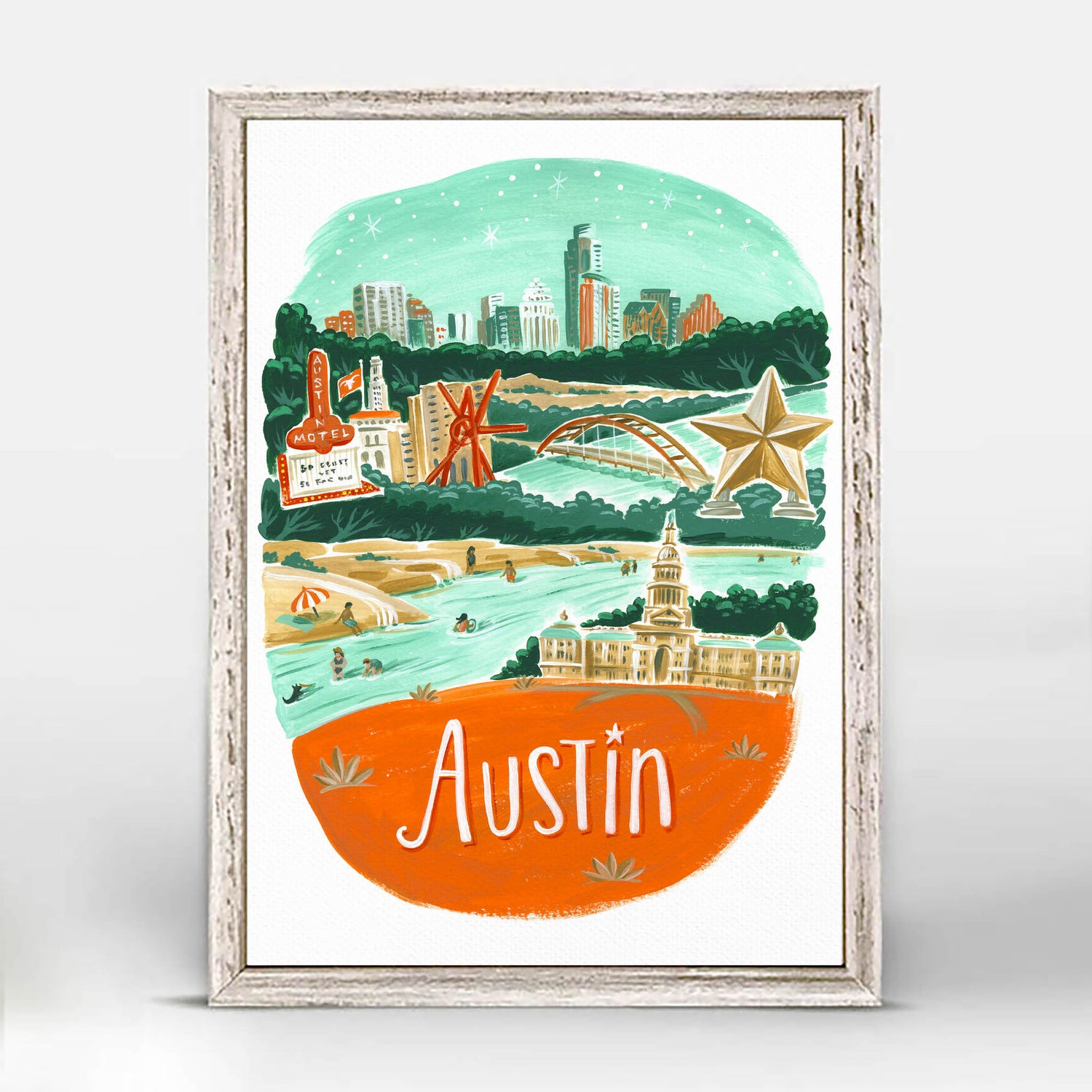 Downtown Austin skyline with famous Austin Motel, Austin Star Statue, and Clock Knot Statue; illustration by Angela Staehling