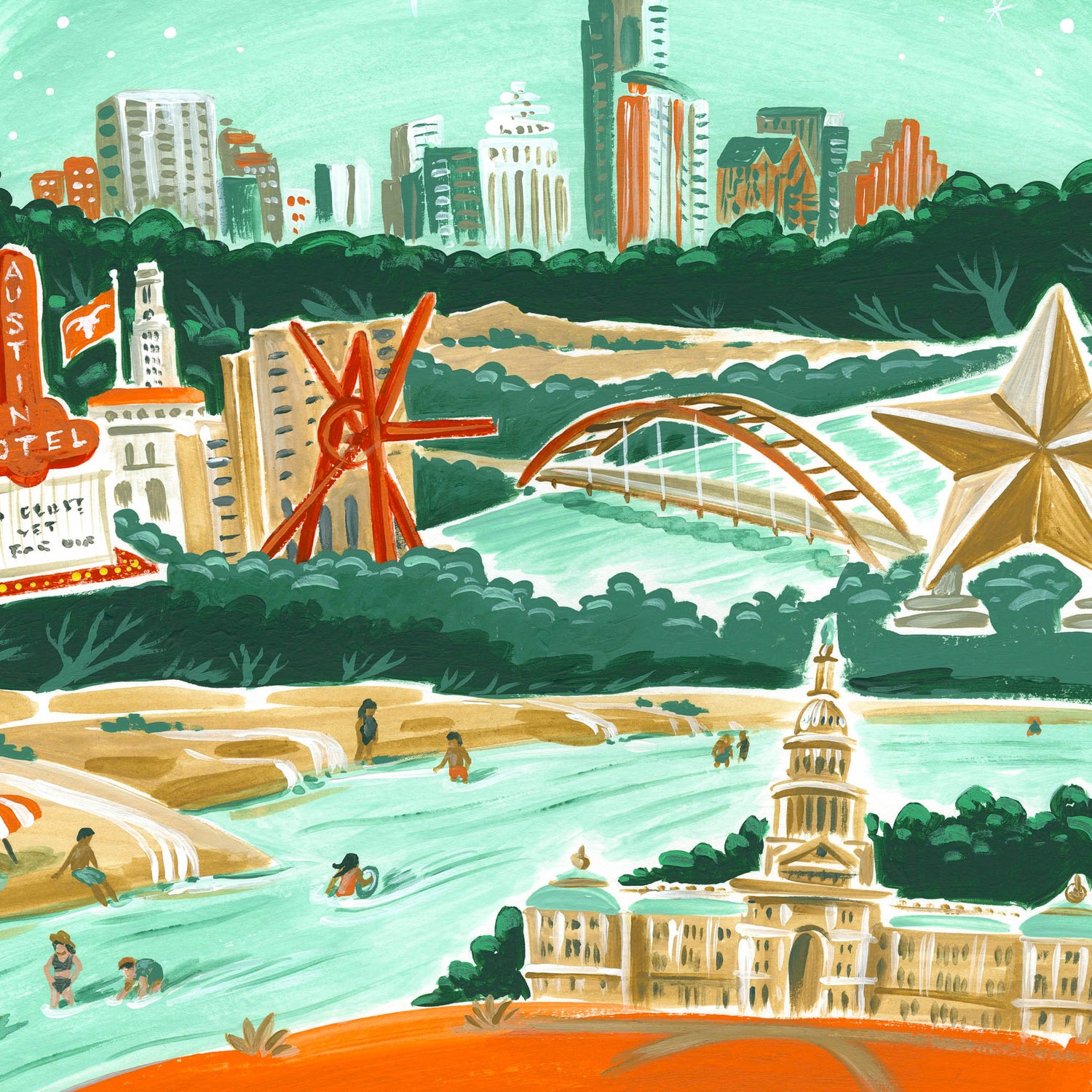 Downtown Austin skyline detail with famous Austin Motel, Austin Star Statue, and Clock Knot Statue; illustration by Angela Staehling