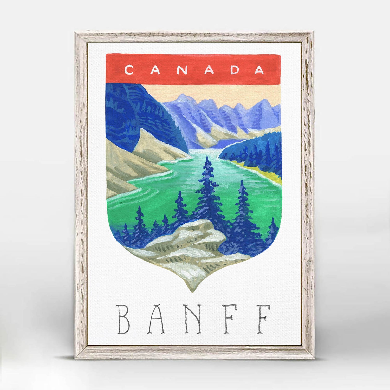 Banff National Park art with Rocky Mountains, glacial lakes, and coniferous forest; trendy illustration by Angela Staehling