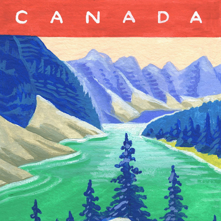 Banff National Park art detail with Rocky Mountains, glacial lakes, and coniferous forest; trendy illustration by Angela Staehling