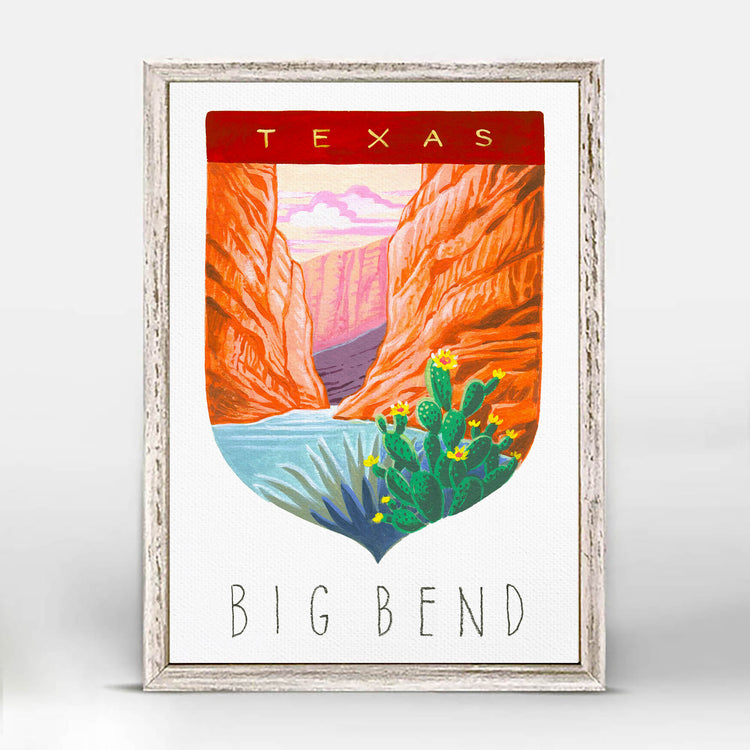 Big Bend National Park art with Santa Elena Canyon, Rio Grande, limestone cliffs, and cactus with yellow flowers; trendy illustration by Angela Staehling