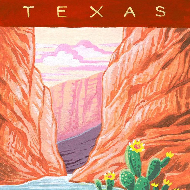 Big Bend National Park art detail with Santa Elena Canyon, Rio Grande, limestone cliffs, and cactus with yellow flowers; trendy illustration by Angela Staehling