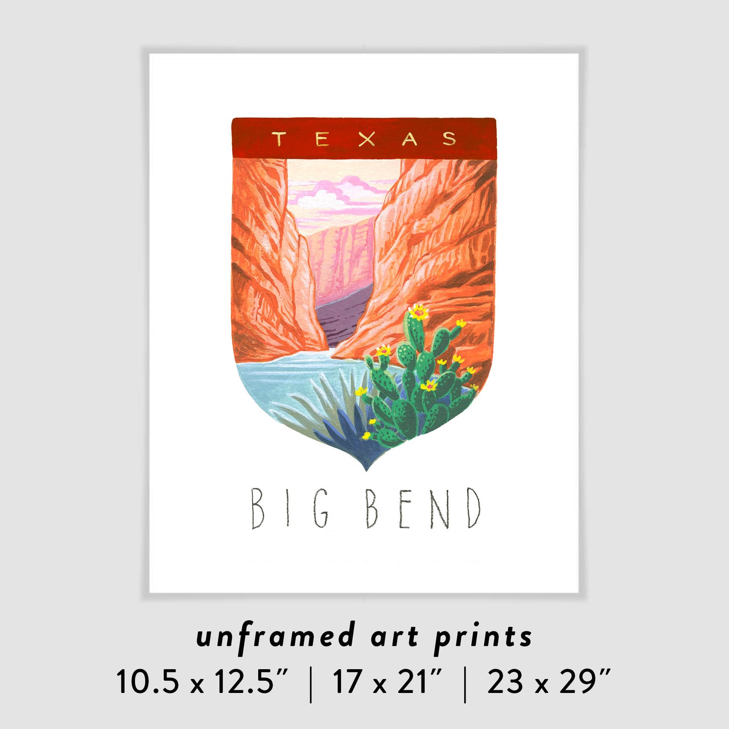 Big Bend National Park art print with Santa Elena Canyon, Rio Grande, limestone cliffs, and cactus with yellow flowers; trendy illustration by Angela Staehling