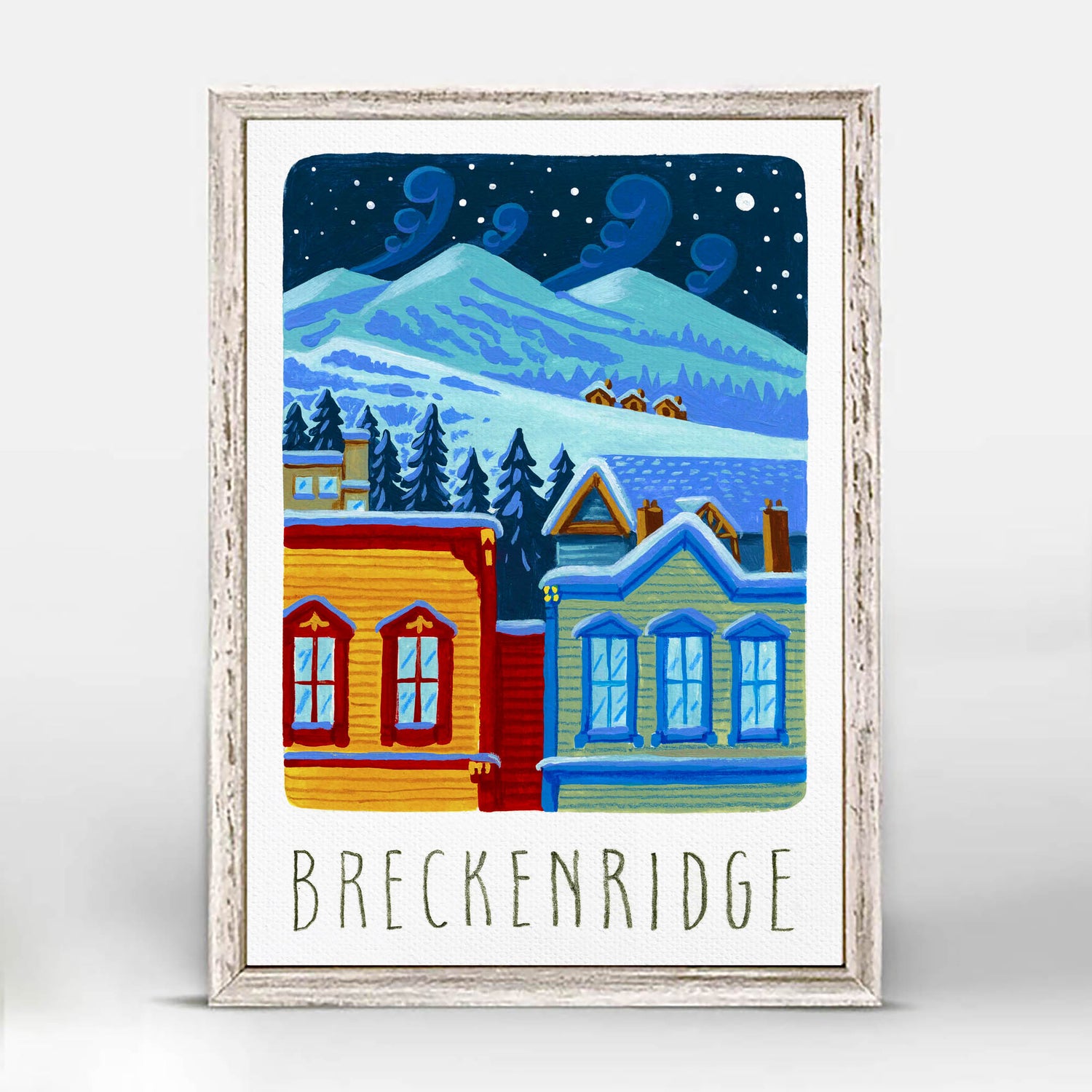 Downtown Breckenridge Colorado historic Main Street illustration with ski slopes; artwork by Angela Staehling