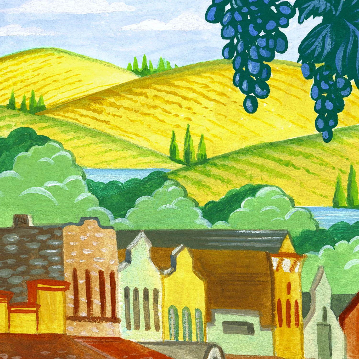 Historic Calistoga Main Street illustration detail with winery and vineyards; artwork by Angela Staehling