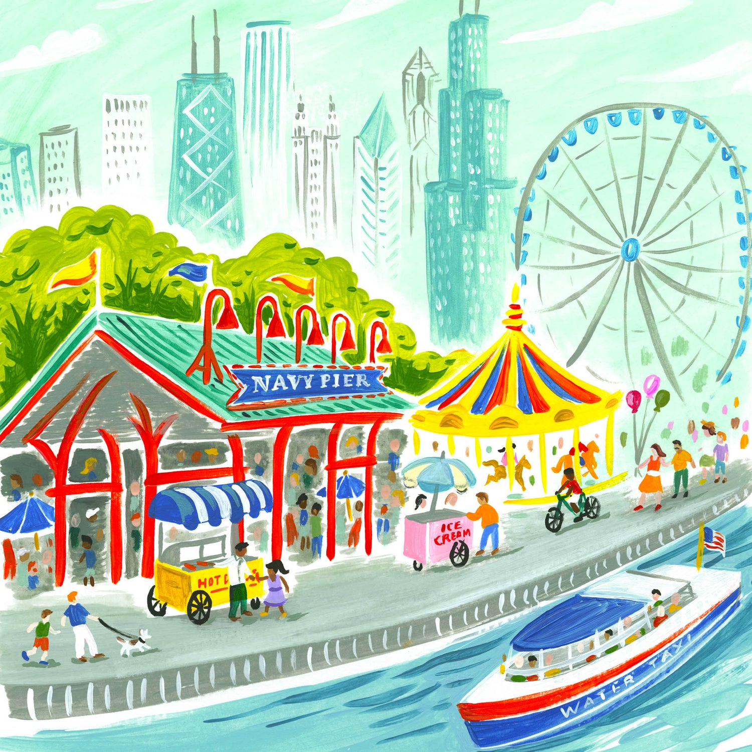 Downtown Chicago Navy Pier illustration detail with Chicago skyline; artwork by Angela Staehling