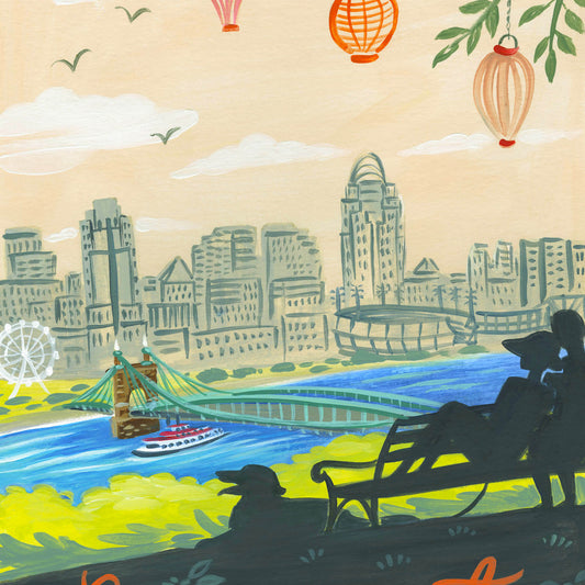 Downtown Cincinnati illustration detail with Cincinnati skyline and Ohio River; artwork by Angela Staehling