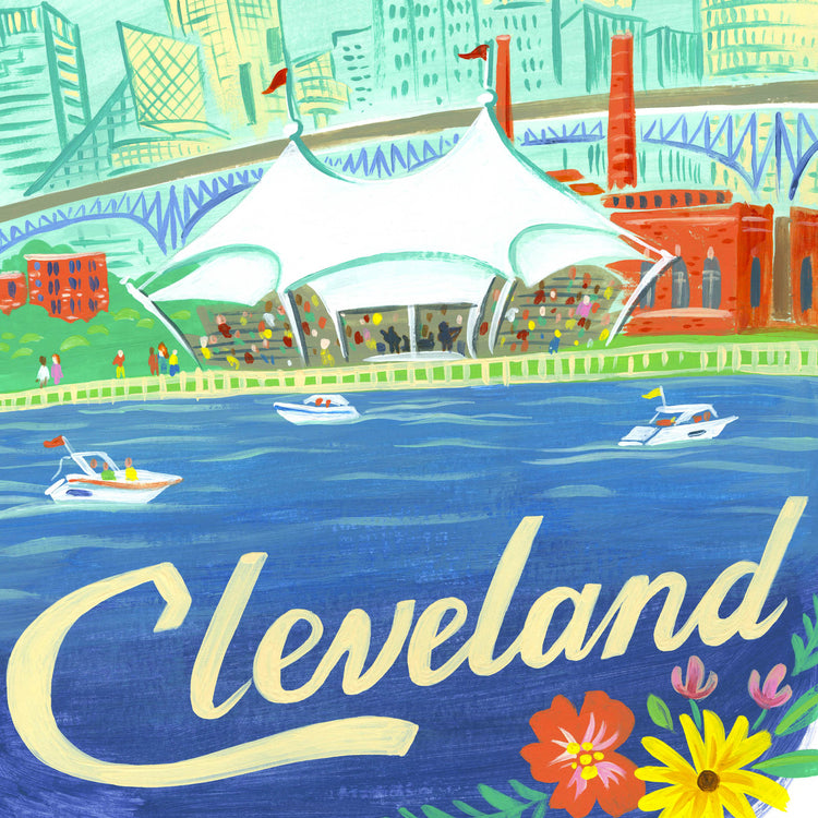 Downtown Cleveland illustration detail with Jacobs Pavilion at Nautica; artwork by Angela Staehling