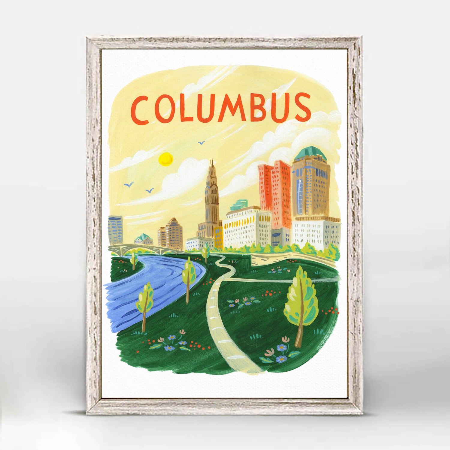Downtown Columbus Riverfront illustration with Scioto Mile; artwork by Angela Staehling